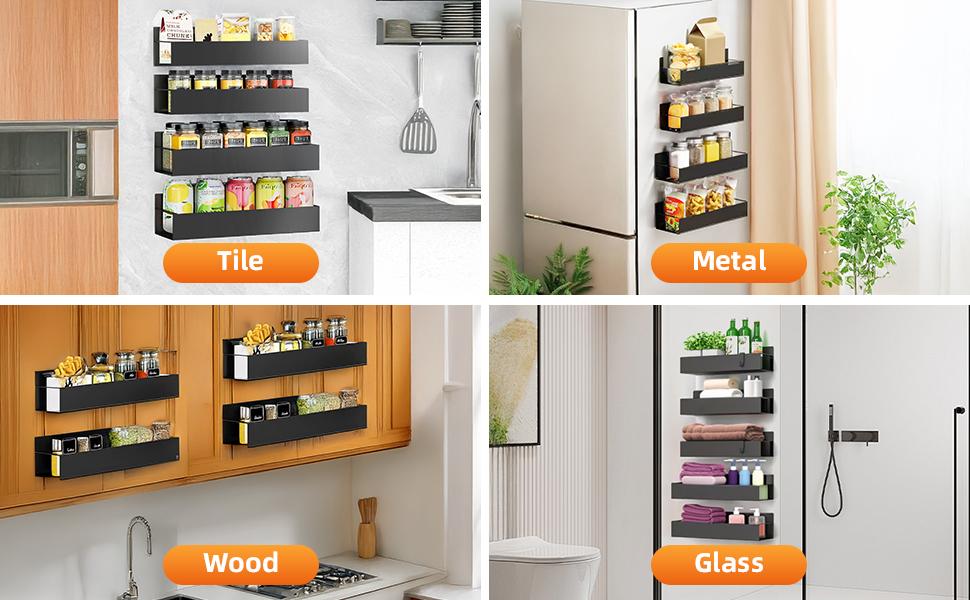 4 Pack Magnetic Spice Rack Organizer with Hooks for Refrigerator and Oven, Black Fridge Organizers and Storage for Kitchen