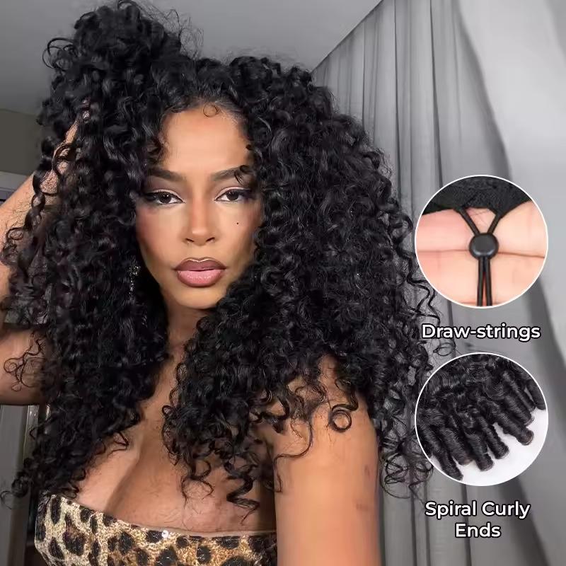 Half Wig Human Hair Burmese Curly Glueless Wig Human Hair Ready to Wear Kinky Curly 3 IN 1 Half Wig With Drawstring 180% Curly Half Wig