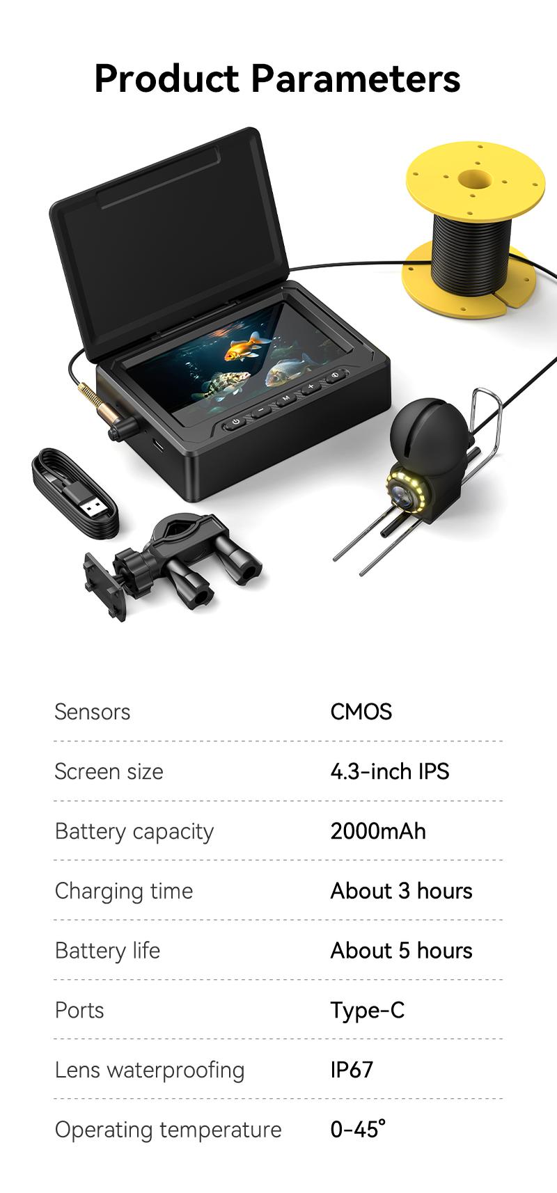 Underwater Fishing Camera with Infrared Night Vision Light Portable Fish Finder 65ft Cable 4.3 Inch IPS & HD Lens for Ice Lake Boat Kayak Ocean Fishing 100kg Capacity 2000mAh Battery