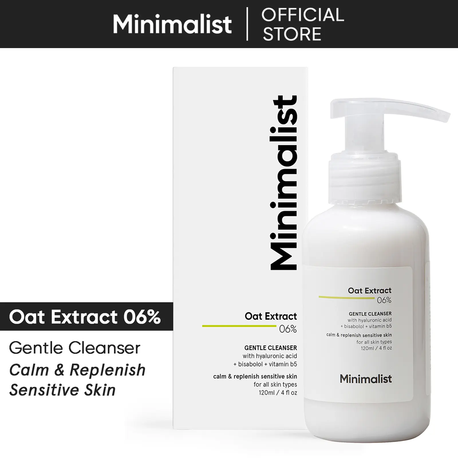 Minimalist 6% Oat Extract Cream-Based Mild Facial Cleanser for Sensitive Skin, Alcohol-Free & Glycerin-Infused, Non-Drying Non-Irritant Facial Cleansing with Hyaluronic Acid, 120 ml, Alcohol-Free Facial Cleansers