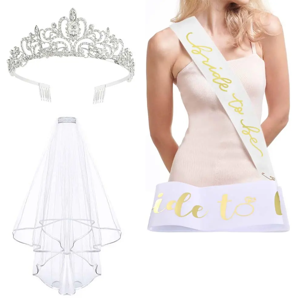 3Pcs Bride To Be Bachelorette Party Decor Set, Bridal Tiara Crown, White Wedding Veil and Bride Sash Kit for Party Bridal Shower Wedding Engagement Photo Props