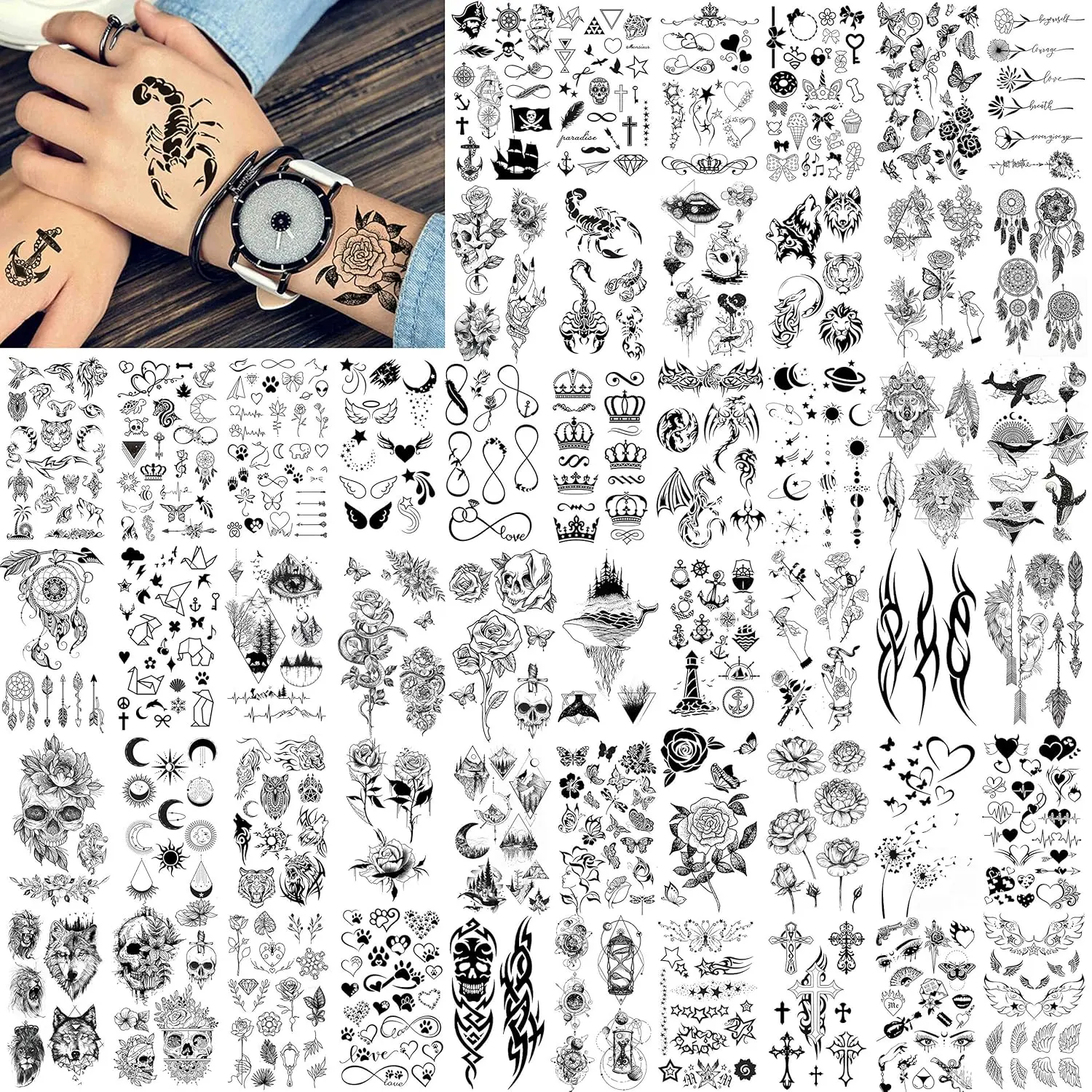 52 Sheets Creative Black Tiny Crown Infinity Triangle Fake Tattoos For Men Women Realistic Stars Letters Tattoos For Kids Tattoos Temporary Waterproof Arm Hand Face Finger Neck Tatoo Stickers