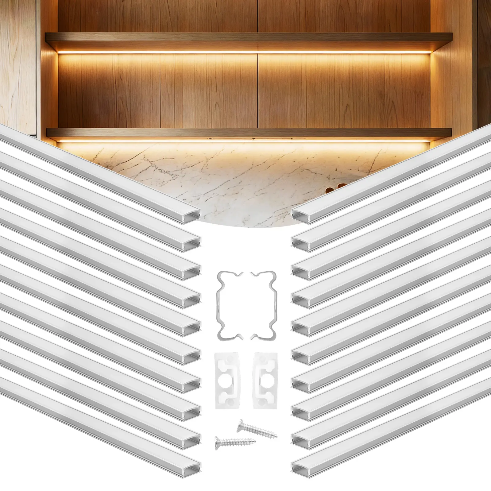 VEVOR 20-Pack U-Shape LED Aluminum Channel Kit (6.6 ft/2m) - Milky Cover, End Caps, Mounting Clips, Eye-Friendly, Heat Dissipation, Easy Setup, Diffusion - for LED Strips, Holiday Lighting, Bedroom, Living Room, Bookshelves