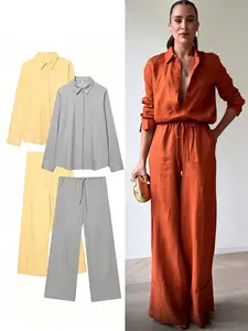 Women's Spring Summer Two Piece Sets Solid Color Loose Button Up Shirts High Waisted Wide Leg Pants Business Casual Workwear Clothes Lady