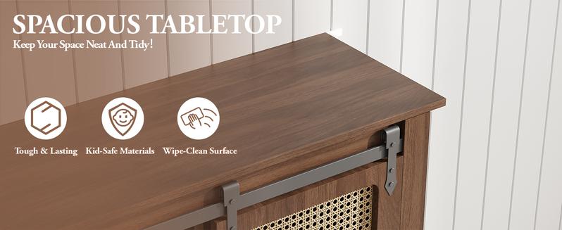 [Clearance Sale] AECOJOY Modern Buffet Cabinet Coffee Bar Storage with Rattan Barn Doors Adjustable Shelves & Bottom Open Shelf for Dining Room Kitchen Hallway