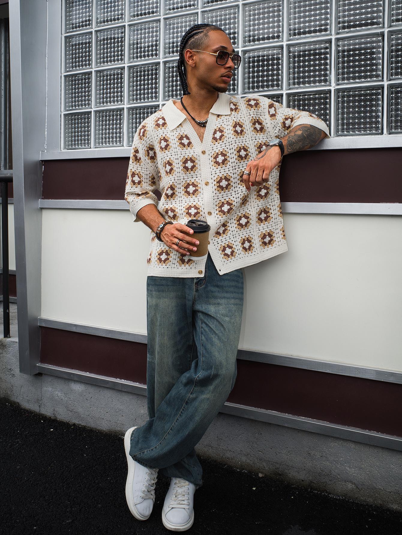 Men's Summer Cool Knitted Short-Sleeve Spring Shirt, Off-White Bohemian Style Vacation Casual Loose Lapel Button-Down Open Placket Print