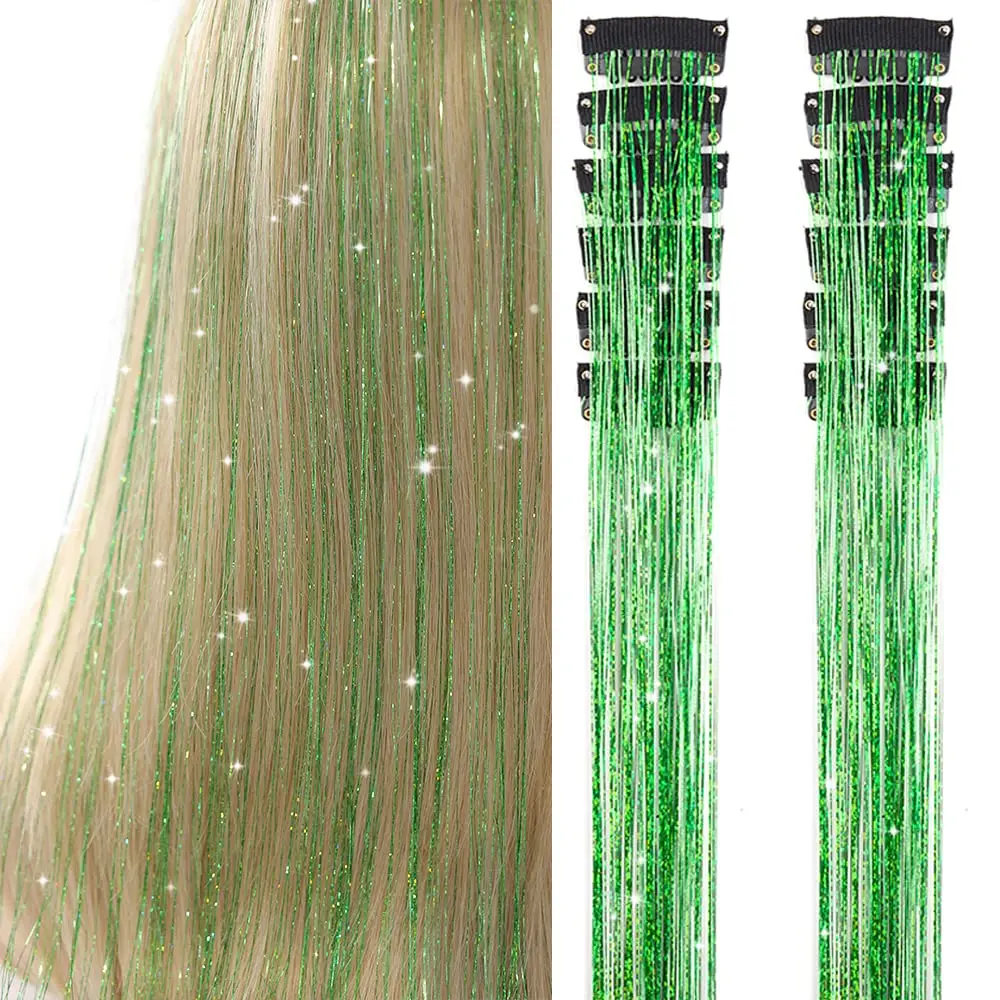 Fruit Green Color Hair Tinsel Pack of 12 Pcs Glitter Hair Accessories 20 Inch Clip in Extensions for Women Girls Party Kit Easy Install Non Toxic Hair Weave Extensions Fluffy Hair Pieces