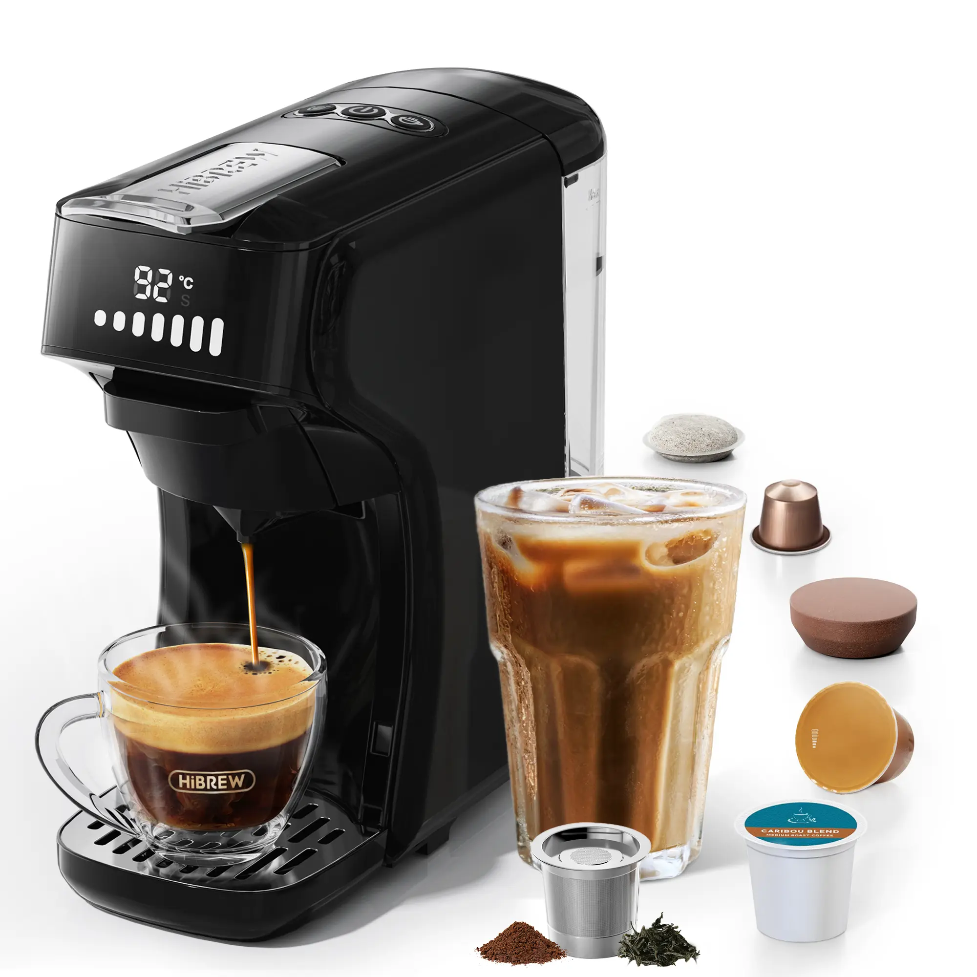 HiBREW H1B 6-in-1 Automatic Espresso Machine, 20 Bar Pod Coffee Maker Compatible with Kcup*/Nes*/DG*/Espresso Powder, Makes Iced Coffee, Black with Removable Water Tank