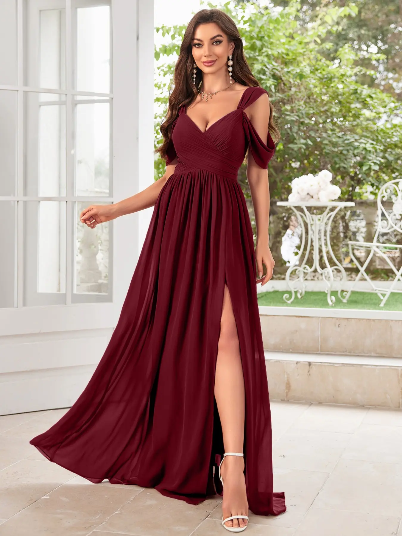 Elegant Statement V-Neck Backless Midi Dress for Women, Formal Dress, Bridesmaid Dresses, Womenswear, Flowing Chiffon Material, High Split Design, Chic, Maxi, Perfect for Bridesmaids & Special Occasions