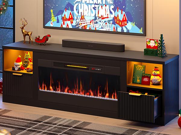 Bestier 70" Fireplace TV Stand for TVs up to 80", Fluted Entertainment Center with 36" Fireplace, 0.5-9 Hours Timer, LED Lights Media Console for Living Room