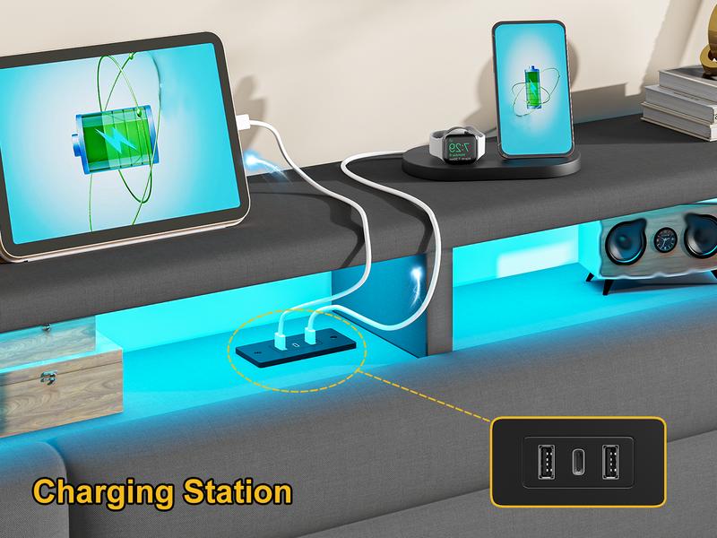 【Teen Size Bed】Raybee Luxury Bed Frames with Headboard & 2 Storage Shelves, Upholstered Bed Frame with LED & USB Ports for Full Queen King, Modern Bedroom Furniture, No Mattress, No Noise, Metal Slats Holds up to 880lbs[BlackFridayCyberMonday]