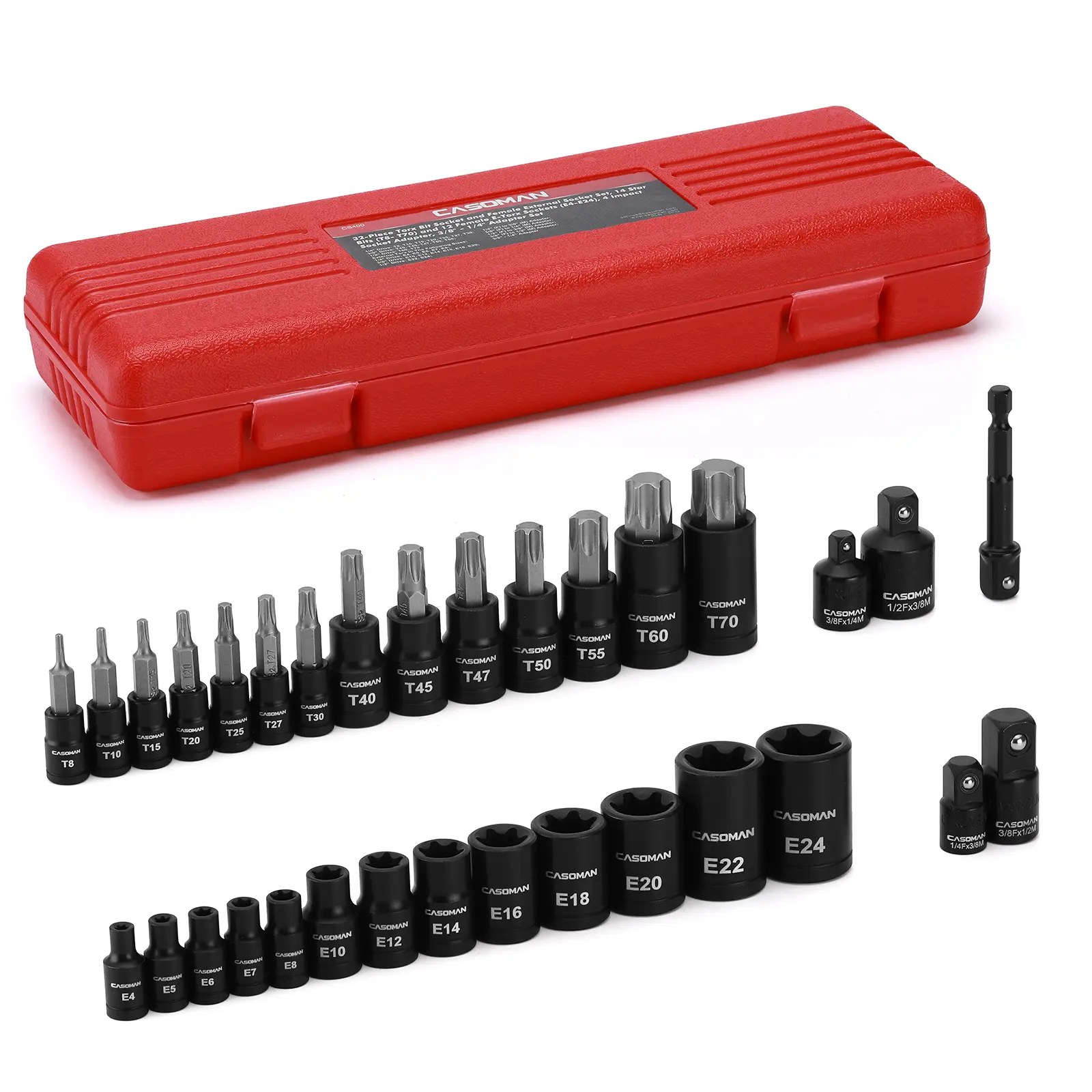 CASOMAN 32-Piece Torx Bit Socket and Female External Socket Set, 14 Star Bits (T8- T70) and 13 Female E-Torx Sockets (E4-E24), Include 5 Impact Socket Adapter Hand Tools Heavy Duty, DEALS FOR YOU DAY