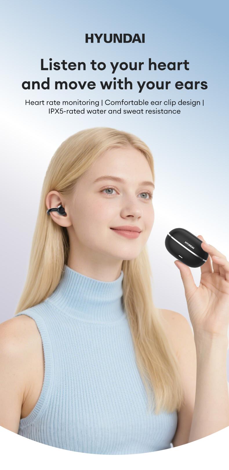 HYUNDAI Hbuds Bluetooth Heart Rate Earphones, supporting heart rate and blood oxygen detection, equipped with optical in ear detection, IPX5 waterproof and sweat proof, very suitable for outdoor sports