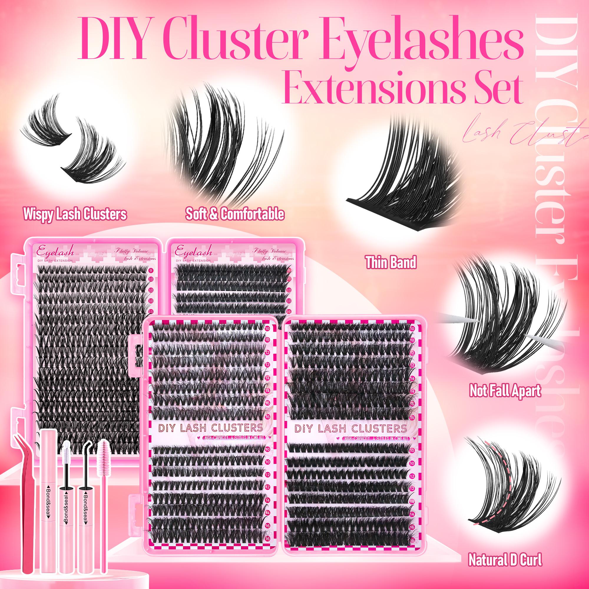 720pcs Lash Clusters with Glue & Tweezer | 9-16mm Mixed Styles Natural D Curl & Volume False Eyelashes Extensions Set | Waterproof & Reusable DIY Lashes Makeup for Beginners