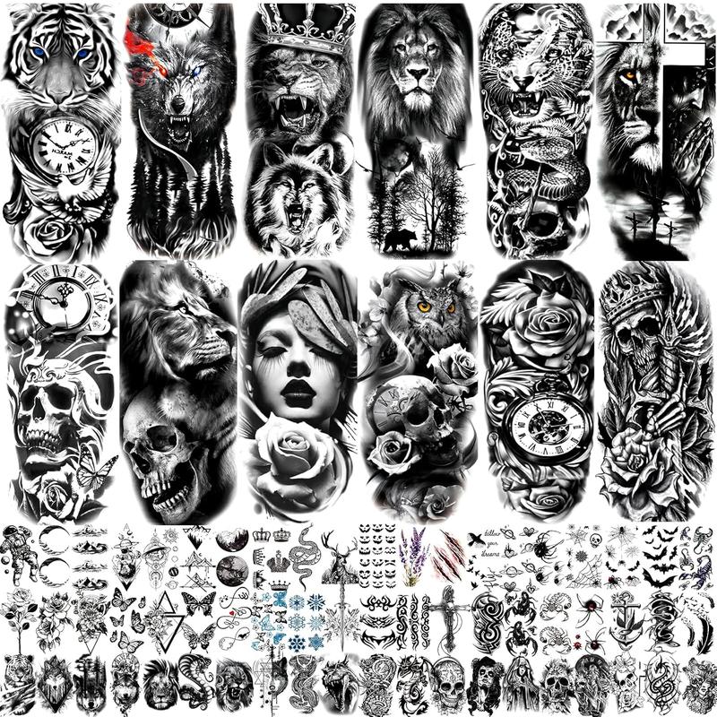 72 Sheets Temporary Tattoo for Men Women Adults, Include 12 Sheets Black 3D Half Sleeve Temporary Tattoos, Halloween Tattoos Scary Lion Wolf Tiger Skull Skeleton Tattoos Stickers