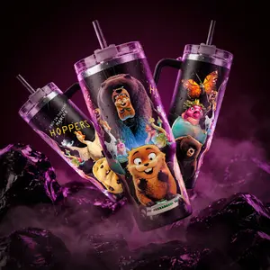 Hoppers Movie 2026 40 oz Vacuum Insulated Tumbler with Handle & Straw Animated Animal Characters Bear Prairie Dog Butterfly Art Keeps Drinks Hot/Cold 12H+ 18/8 Stainless Steel Travel Mug for Kids Animation Fans Family Movie Gift