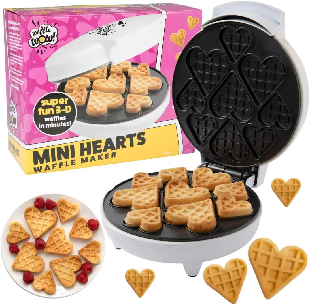 Mini Hearts Waffle Maker- Make 9 Heart Shaped Waffles, Pancakes for Breakfast Love w Electric Nonstick Iron- Unique Treat for Kids Adults- Waffler Griddle w Recipe Guide- Gift