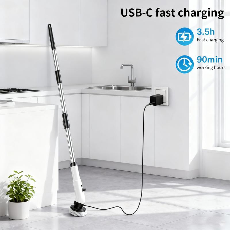 Electric Spin Scrubber, Cordless Shower Scrubber with IPX7 Waterproof, Electric Cleaning Brush, Multi-Surface Use Bathroom Cleaner and Shower Brush, Long Battery Life, Adjustable Speed & Extendable Handle, Deep Cleaning Tool for Tiles, Tub & Floor