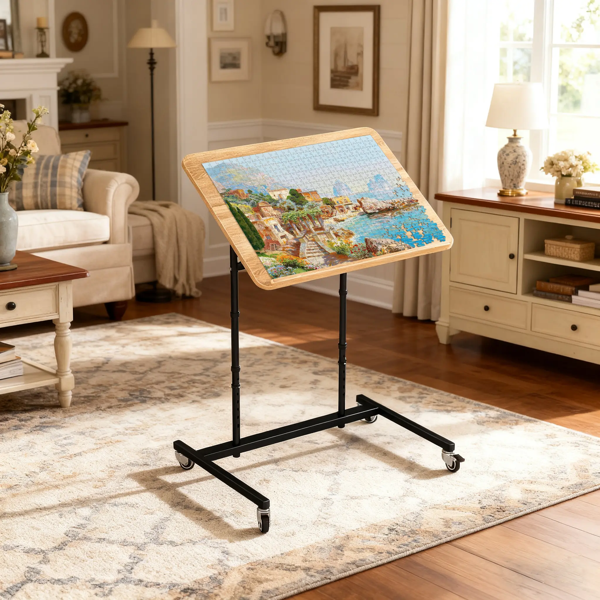【Crazy Price】1500 Piece Rolling Jigsaw Puzzle Table with Wheels – Adjustable Height & Pneumatic Tilt, Extra-Large Puzzle Cart, Pneumatic Adjustment, Ideal Gift for Puzzle Enthusiasts summergarden