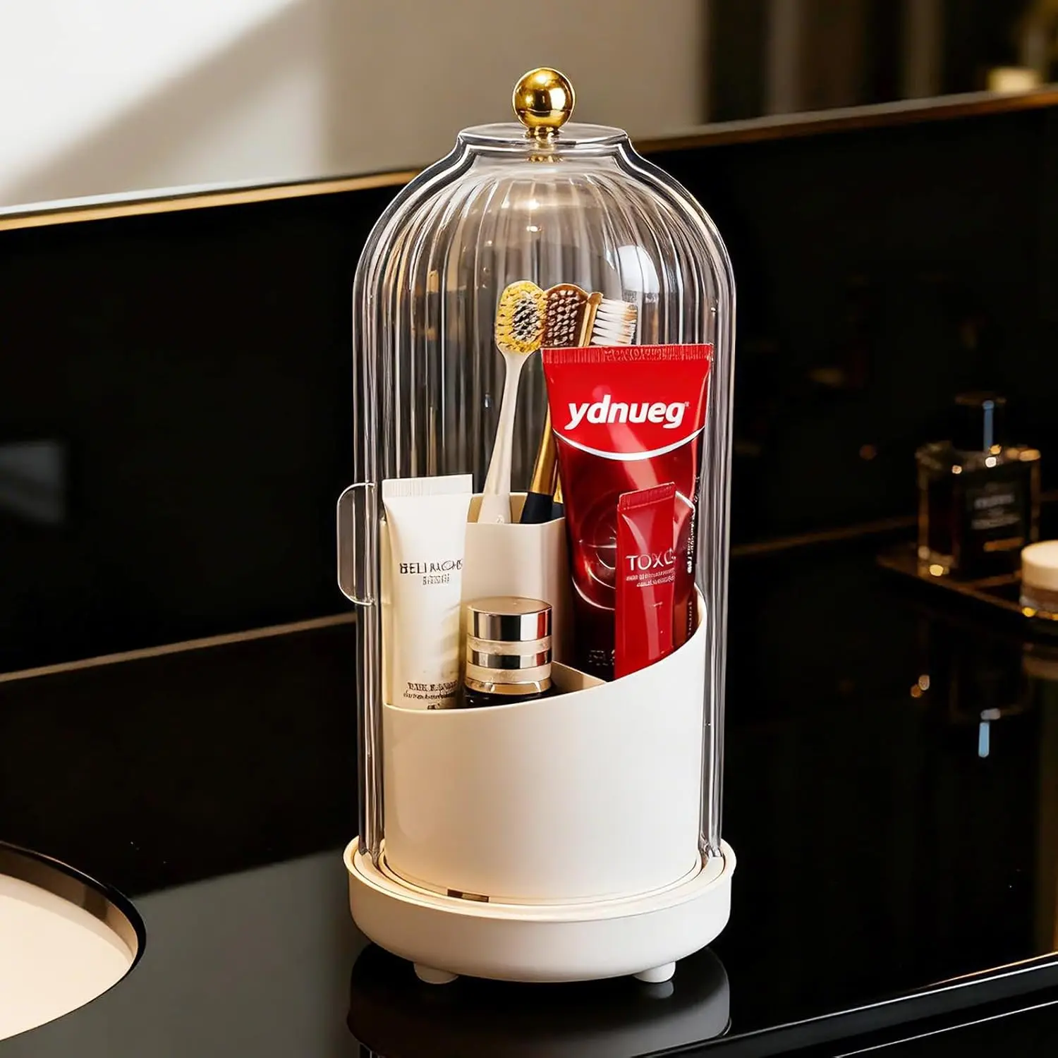 Draining dustproof Toothbrush Holders with Cover, 360 Degree Rotating Cosmetics Storage Box, Pen Holder, Makeup Brush Organizer, Dustproof Acrylic Lid, Suitable for Dressing Table, Bathroom And Countertop