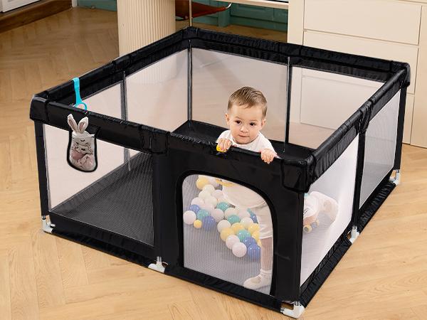 dearlomum 50" x 50"/ 71" x 59"Extra Large Baby Playpen for Babies and Toddlers, Safe Activity Center with Soft Play Fence, Indoor Safety Yard, Easy to Assemble and Clean，Noneremovable waterproof thick mat (Black/Gray)