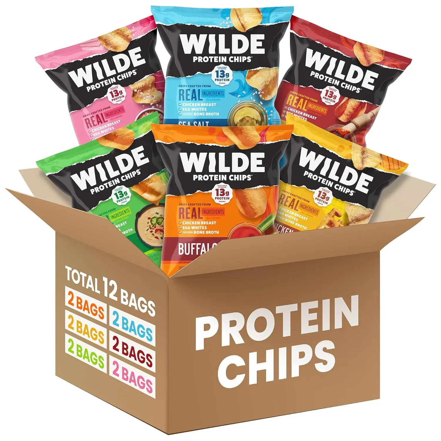 WILDE Protein Chips Variety Pack, 13g Protein Chicken Chips, High Protein Keto Snack, Gluten Free, Low Carb Chips