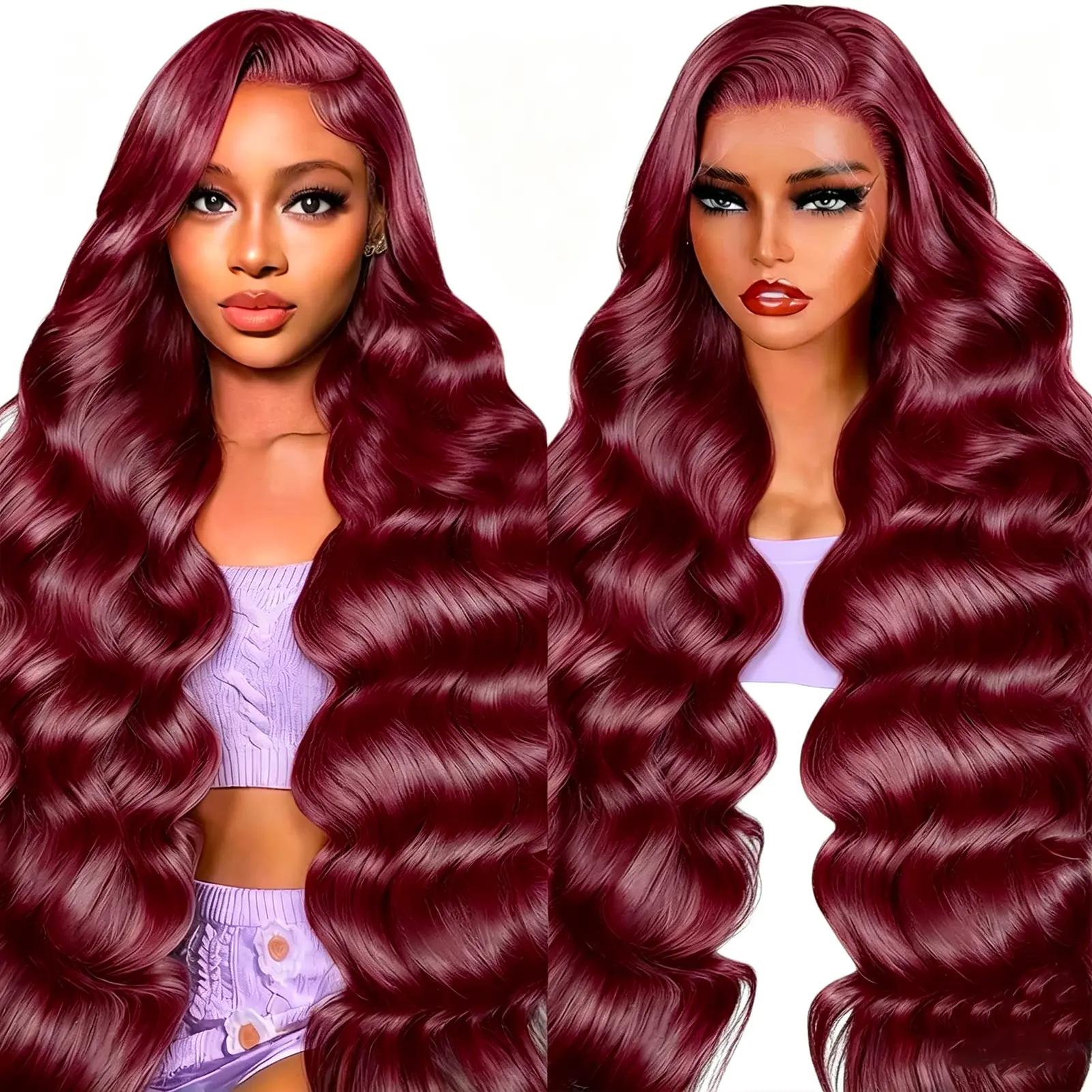 MIRELLE 13x6 Synthetic Burgundy Lace Front Wigs for Women HD Transparent Body Wave Lace Frontal Wig Pre-Plucked with Baby Hair Heat Resistant Fiber 30 Inches 220 Density #99J