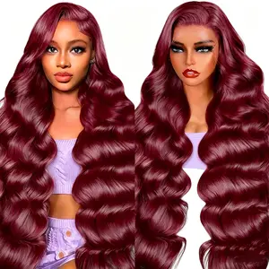 MIRELLE 13x6 Synthetic Burgundy Lace Front Wigs for Women HD Transparent Body Wave Lace Frontal Wig Pre-Plucked with Baby Hair Heat Resistant Fiber 30 Inches 220 Density #99J