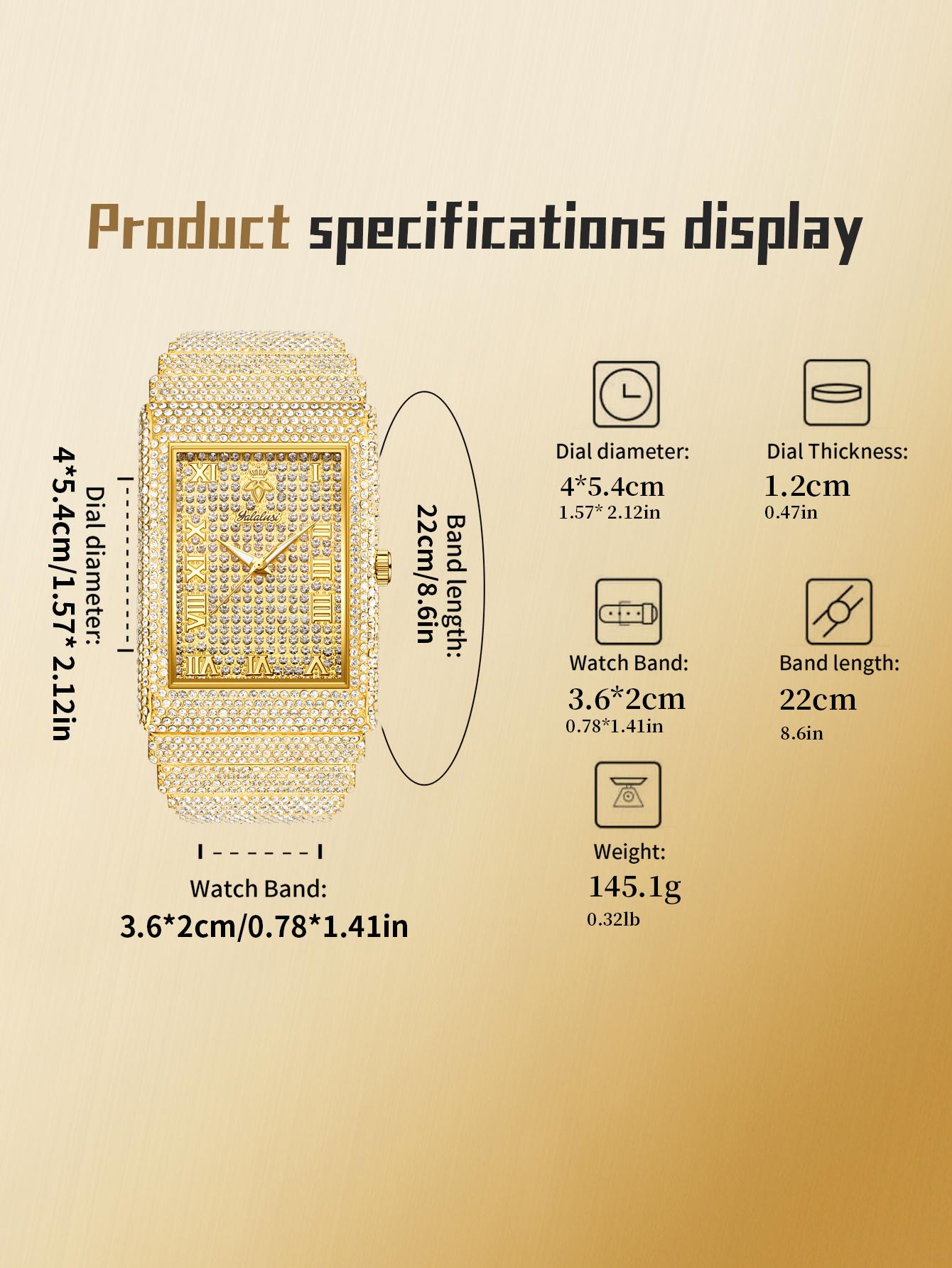 Unisex  Square Synthetic Cubic zirconia  Watch golden & Silver Iced Out Bling Waterproof Luminous Adjustable Perfect Gift for Him & Her LX1082G