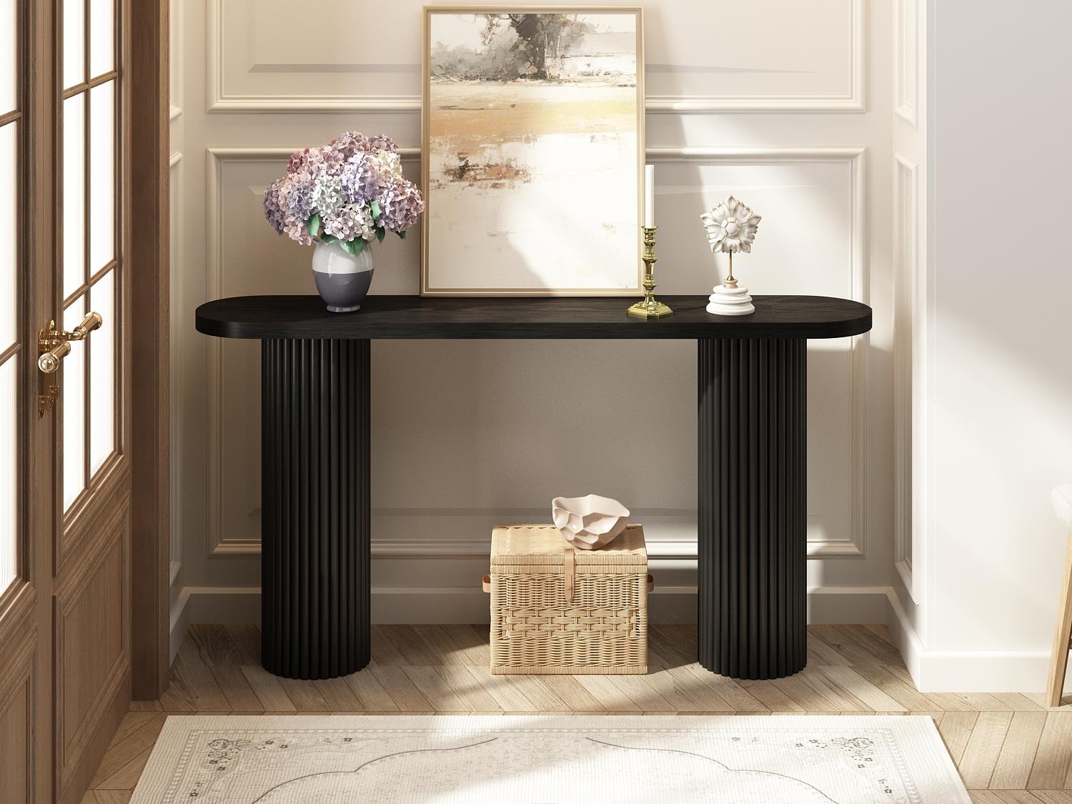 Fluted Solid Wood Console Table Farmhouse Entryway Table with Rounded Corners, Morden Sofa Tables Behind Couch for Foyer, Entrance, Living Room, Hallway