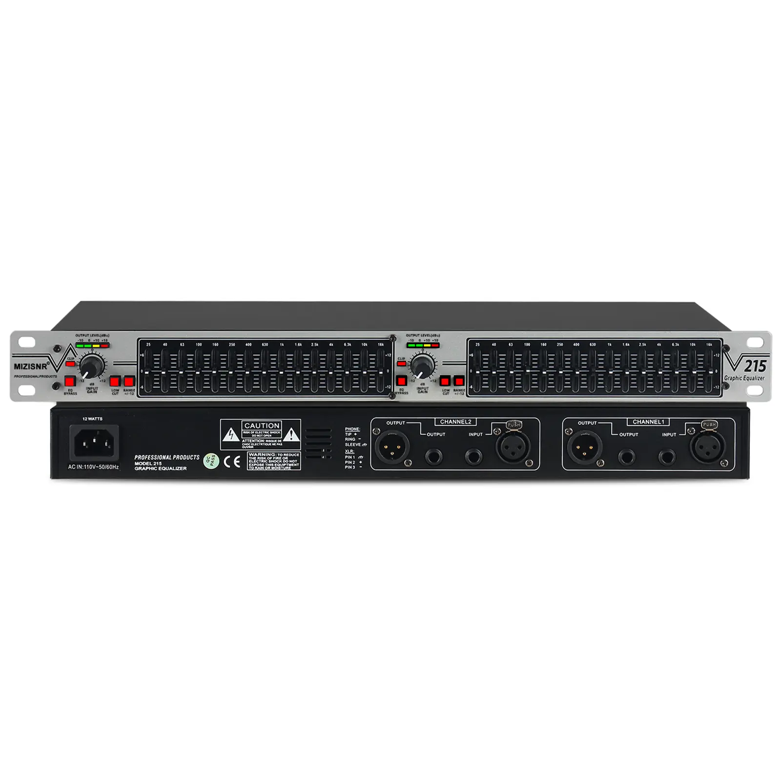 Graphic Equalizer 15-Band Stereo EQ for Home Audio, Dual Channel Professional Silver DJ Equalizer, Noise Reduction 1U Rack Mount (EQ-215S)