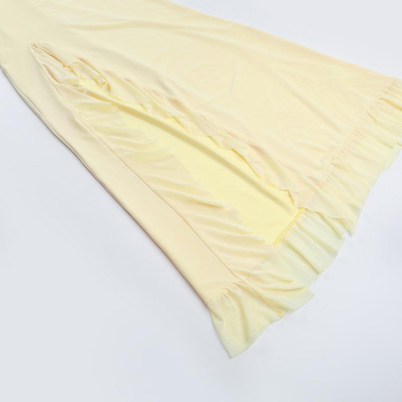 JY24071SKO-Women's Summer Sheer Beach Cover Up Dress Elegant Sleeveless V-Neck Ruffle Trim Split Maxi Gown Lightweight Transparent Mesh Long Dress for Tropical Vacation Poolside and Cruise Wear