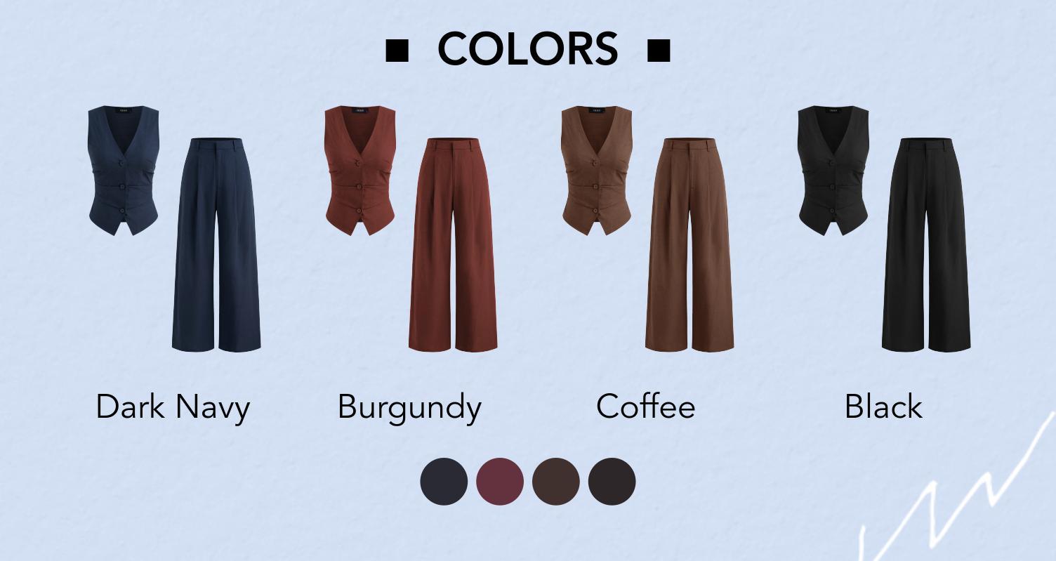 Cider [4 colors, size 0-26] Cotton-blend V-neck Solid Button Vest & Mid Rise Pocket Wide Leg Trousers