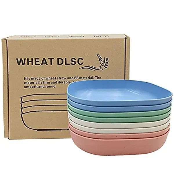 8-Pack 5.7-Inch Square Wheat Straw Plates, Unbreakable Deep Dinner Dishes, Dishwasher & Microwave Safe Tableware for Rice, Noodles, Salad, Fruit & Dessert