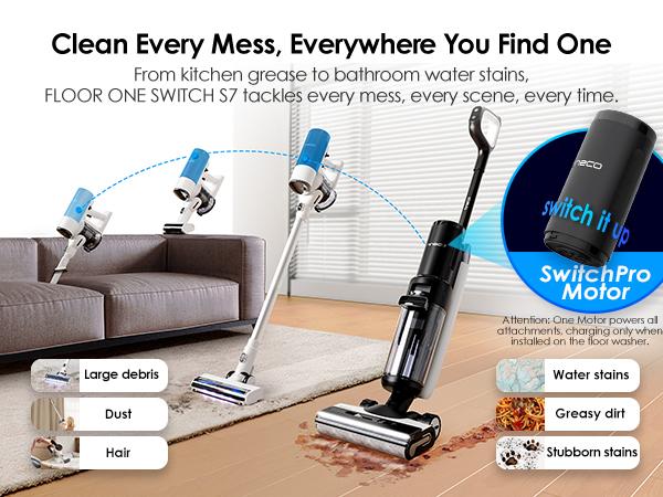 TINECO FLOOR ONE SWITCH S7 Smart Multi-Function Cleaner, Suitable for Whole-house Cleaning, Self-Cleaning, Extended Battery Lifespan, ZeroTangle Brush, Dual-Edge Cleaning, Safe for Children and Pets
