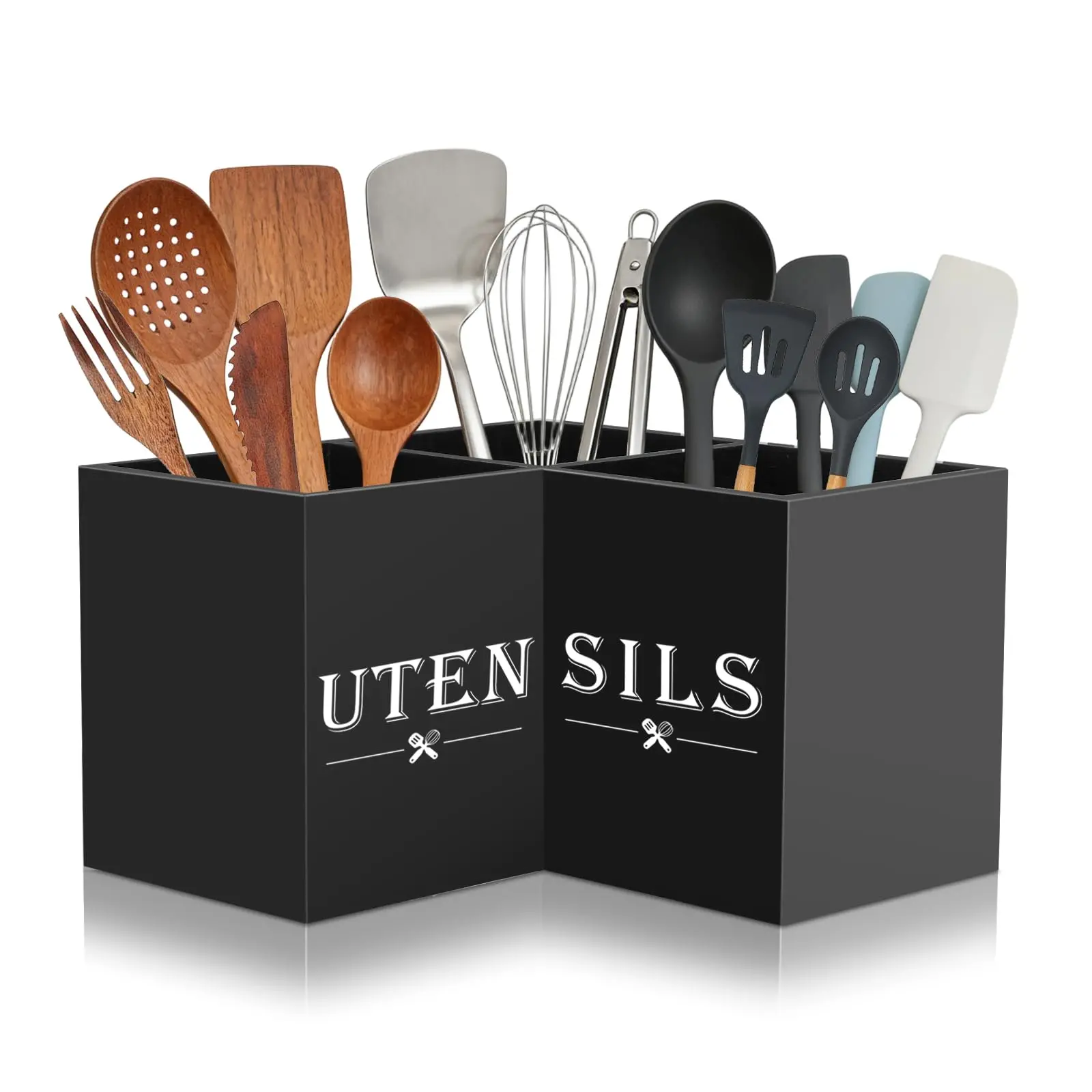Large Black Wooden Kitchen Utensil Holder 3 Compartments Countertop Cooking Spatula Spoon Storage Organizer For Kitchen