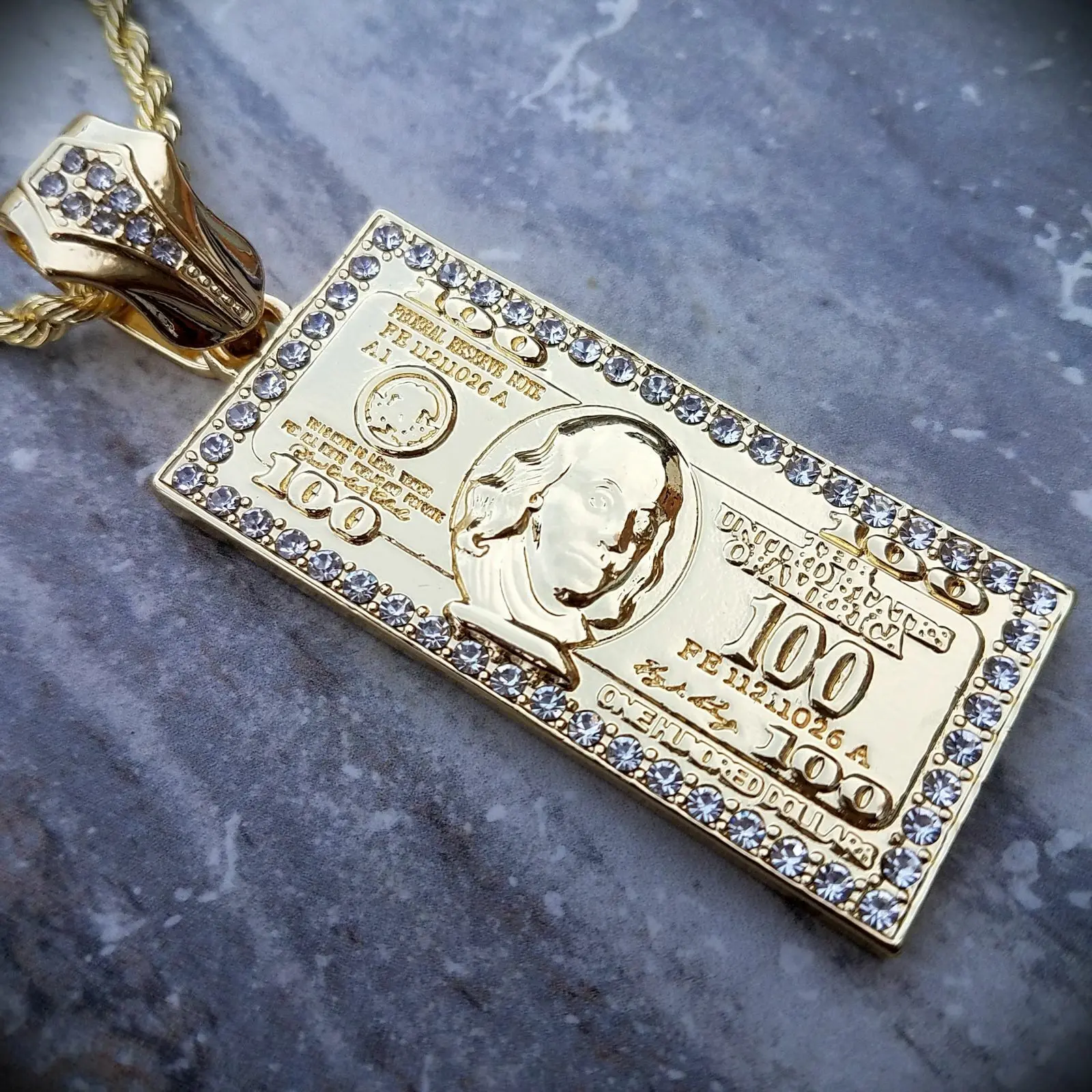 MaxBling81 Men's Metal-Plated Large $100 Bill Money Pendant Fashion Necklace, 4mm Rope Chain Gold Costume Jewelry, 18-20-24in Length Options, Casual Gift Necklaces, Chains, Gold Jewelry, Men's Jewelry