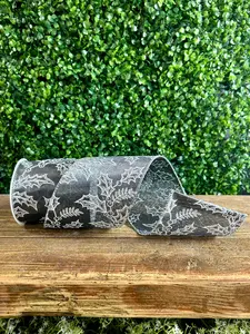 4 Inch By 10 Yard Silver Holly Glitter Satin Iridescent Ribbon