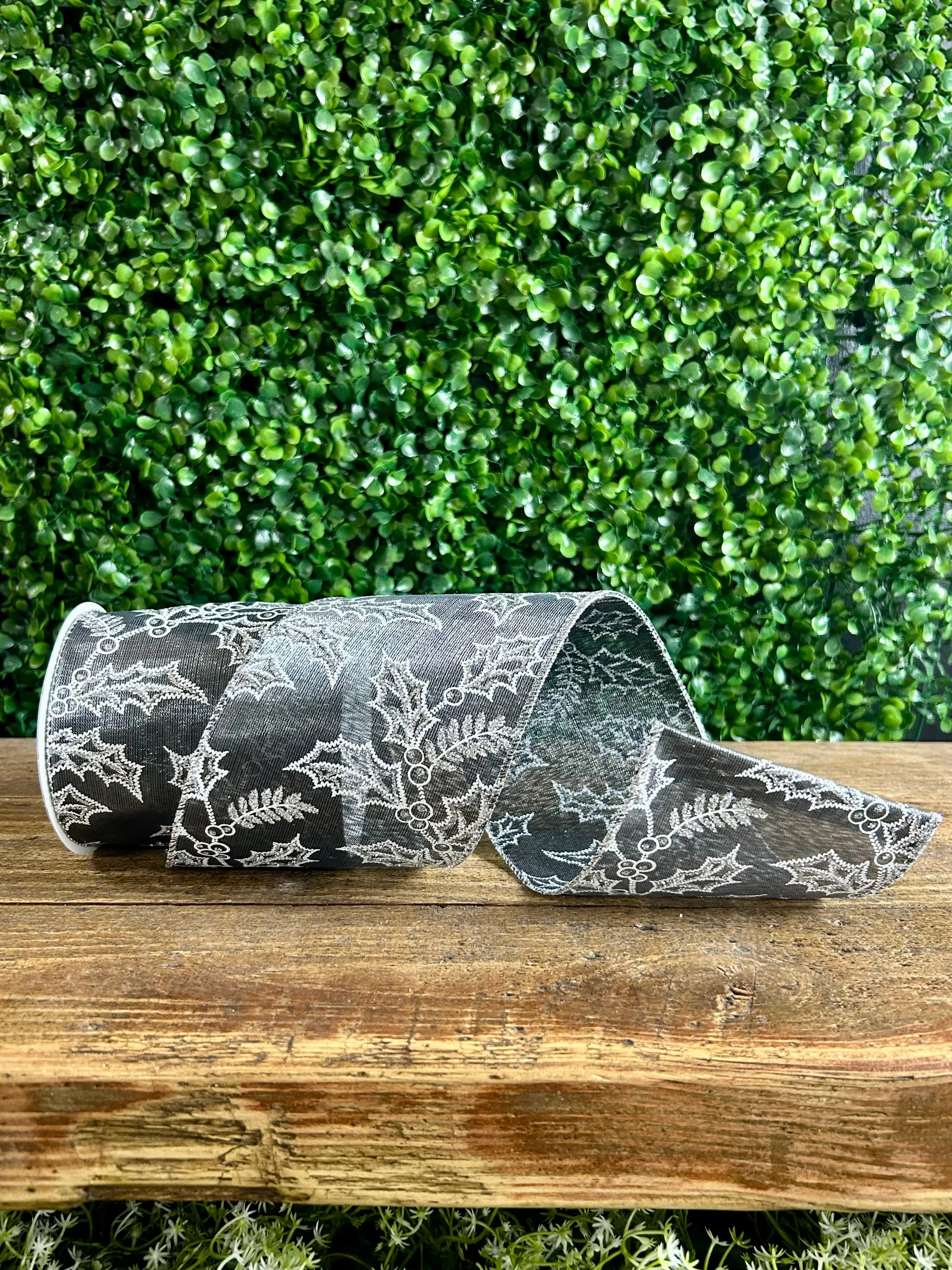 4 Inch By 10 Yard Silver Holly Glitter Satin Iridescent Ribbon
