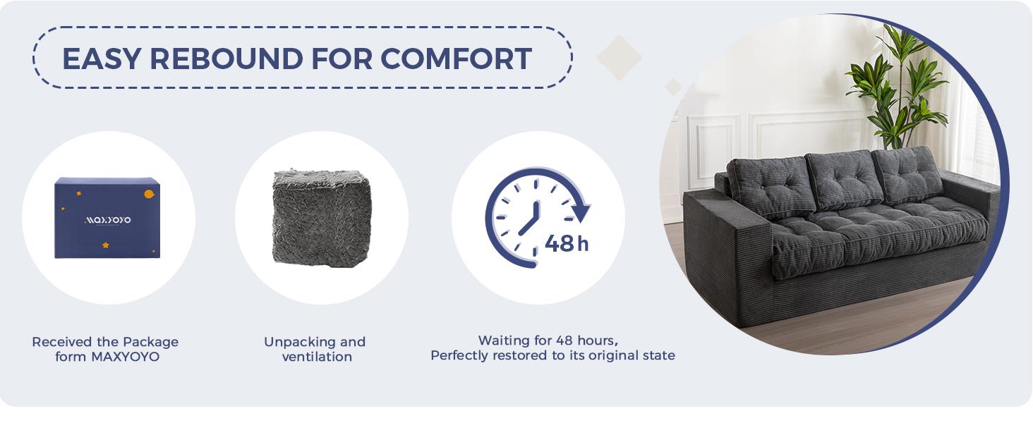 MAXYOYO 3 Seater Couch for Living Room, Boneless Couch with Tufted Cushion & Backrest, Upholstered Floor Sofa for Adults, No Assembly Required, Dark Grey