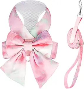 Cute Bow Tie Dog Harness and Leash Set Elegant Rainbow Gradient Puppy Harness No Pull Soft Mesh Pet Cat Dog Vest Harnesses for Small Dogs Cats