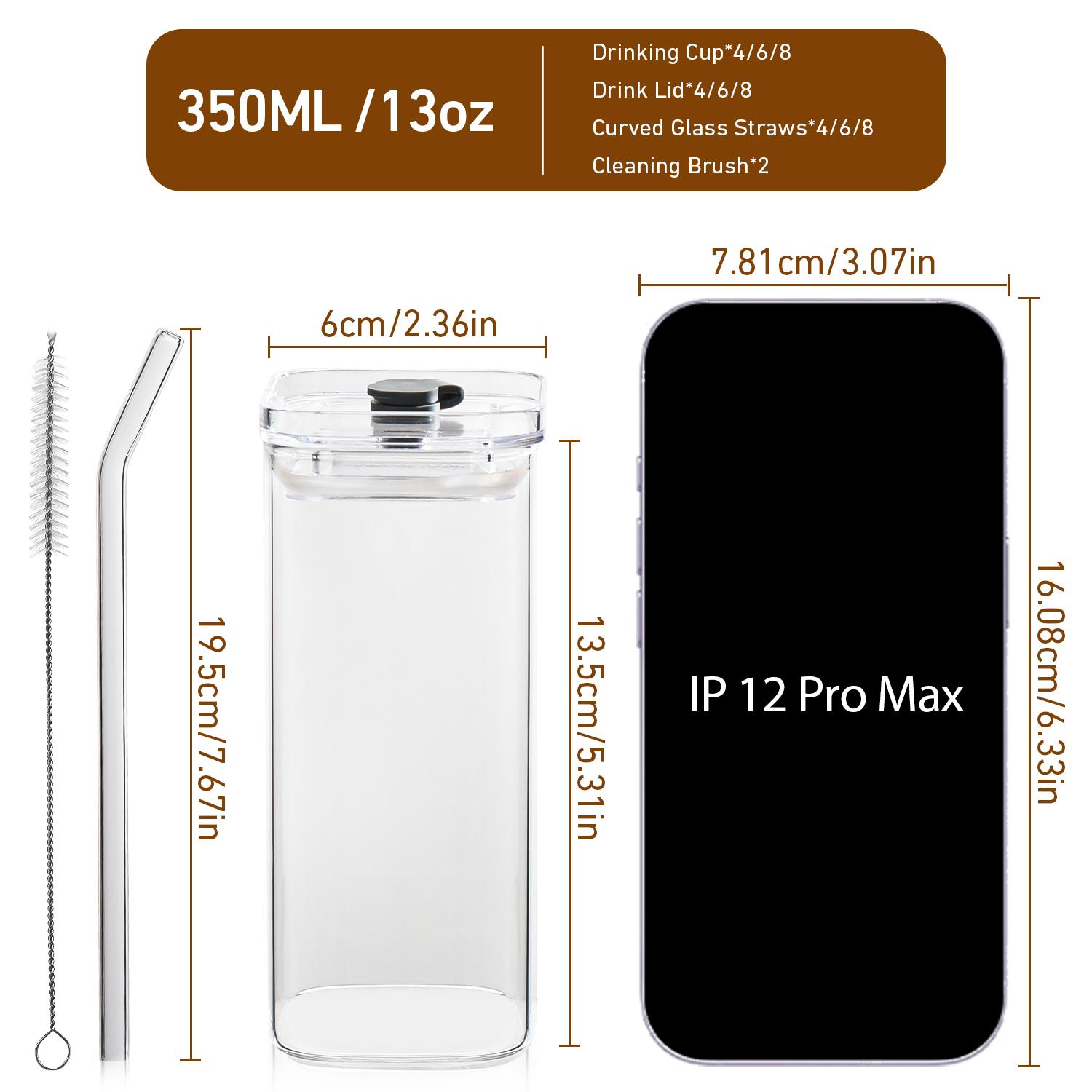 DWTS DANWEITESI 13oz Glass Cups with Plastic Lids & Glass Straws 4Pack Portable Square Eco-Friendly Drinkware Tumblers for Beer Tea Cocktail Whiskey Juice Stylish Drinking Glassware