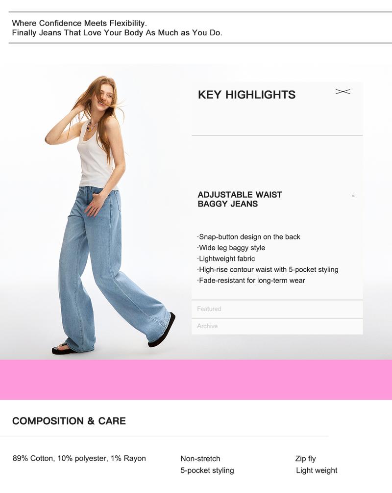 Nextrys AdaptHer Women's High-Rise Wide Straight Leg Baggy Jeans with Snap-Button Waistband Y2K Lightweight Tummy Control Casual Everyday Style Denim Basic Minimalist Maxi