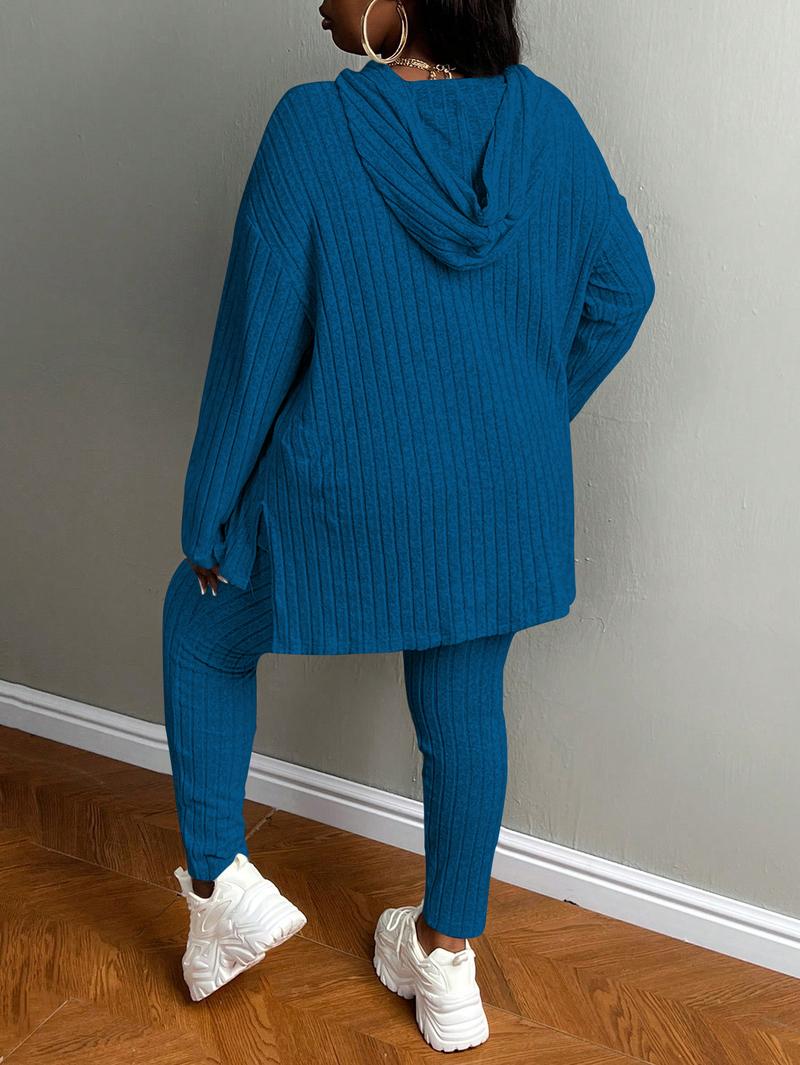 USBOUTIQUECHIC Plus Size Women's Solid Textured Ribbed Hoodie & Elastic Waist Pants Set, Casual Cozy Ribbed Knit Outfits for Fall & Winter, Baggy Matching Suits for Daily Wear