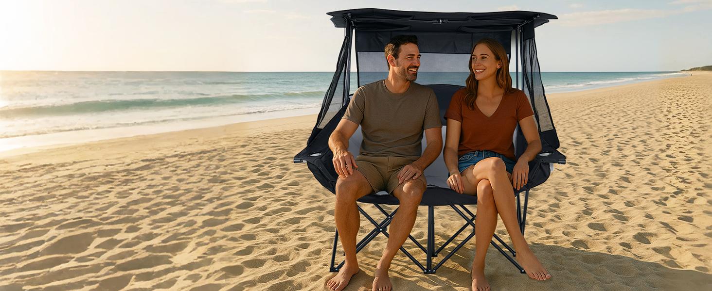 MOPHOTO XXL Double Camping Chair with Shade Canopy, Fully Padded Folding Camping Loveseat , Oversized Camping Bench Lawn Chairs Patio Lounge Chairs for Adults
