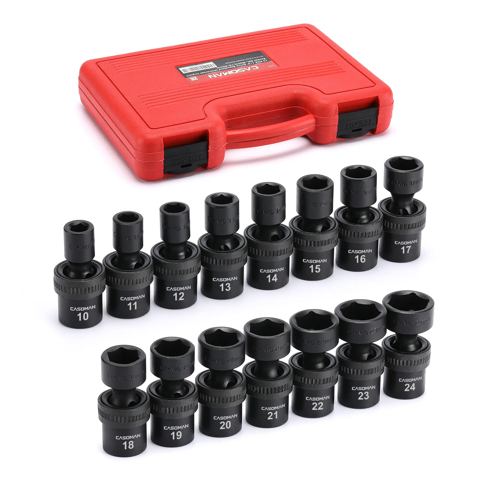 CASOMAN 15-Piece 1/2" Drive 6-Point Metric Swivel Socket Set, 10-24mm Full Rotation Chromium-Molybdenum Steel Impact Wrench, Heavy-Duty Mechanic Tools for Industrial Metal Work