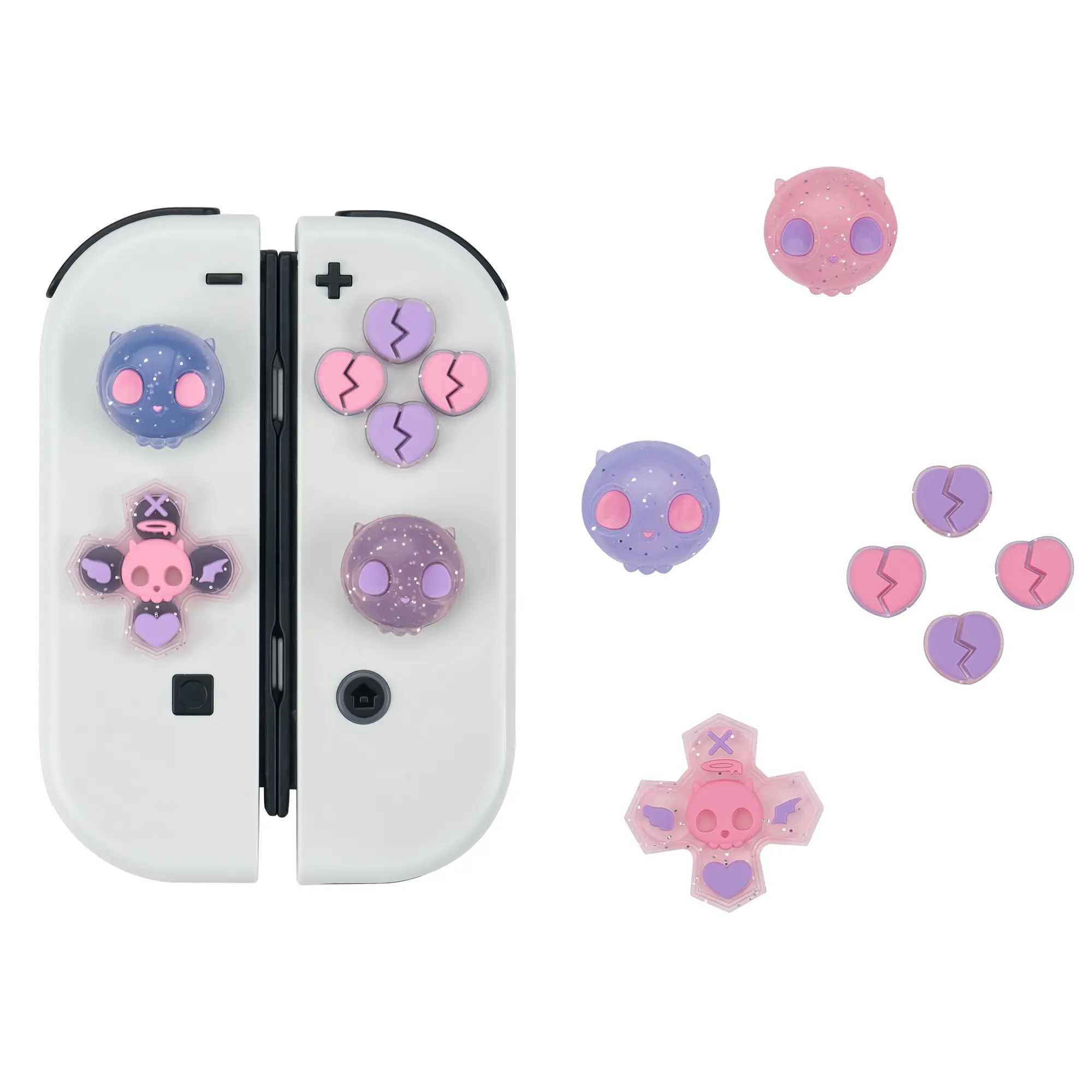 GeekShare Silicone Cross D-Pad Button Caps Set Joystick Cover - Cute ABXY Key Buttons Sticker Compatible with Nintendo Switch/OLED Joy Con - Pink & Purple Skull