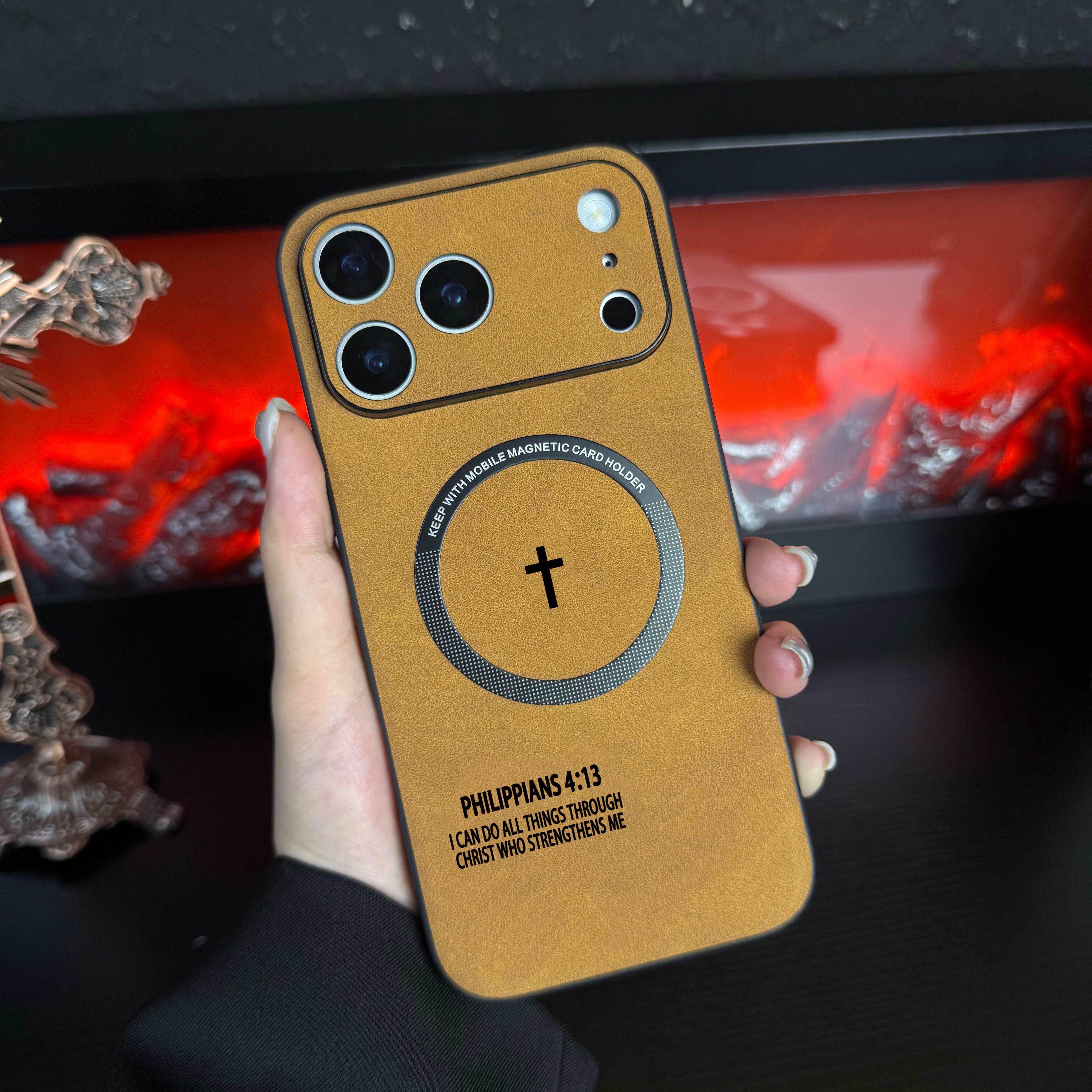 Philippians 4:13 High end leather magnetic phone case suitable for iPhone 17 Air 16 15 14 13 12 Pro Max Plus, supports magsafe charging, feels comfortable to the touch, fully wrapped anti drop and anti slip phone case-ZQ60