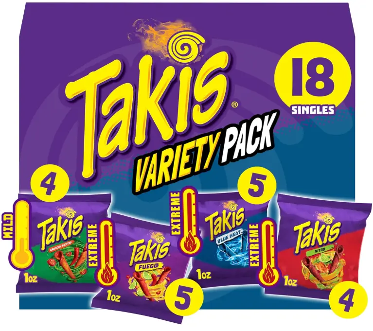 Takis 18 pc / 1 oz Variety Pack, Assorted Flavored Mixed Rolled Tortilla Chips – (5) Fuego, (5) Blue Heat, (4) Nitro, (4) Crunchy Fajitas