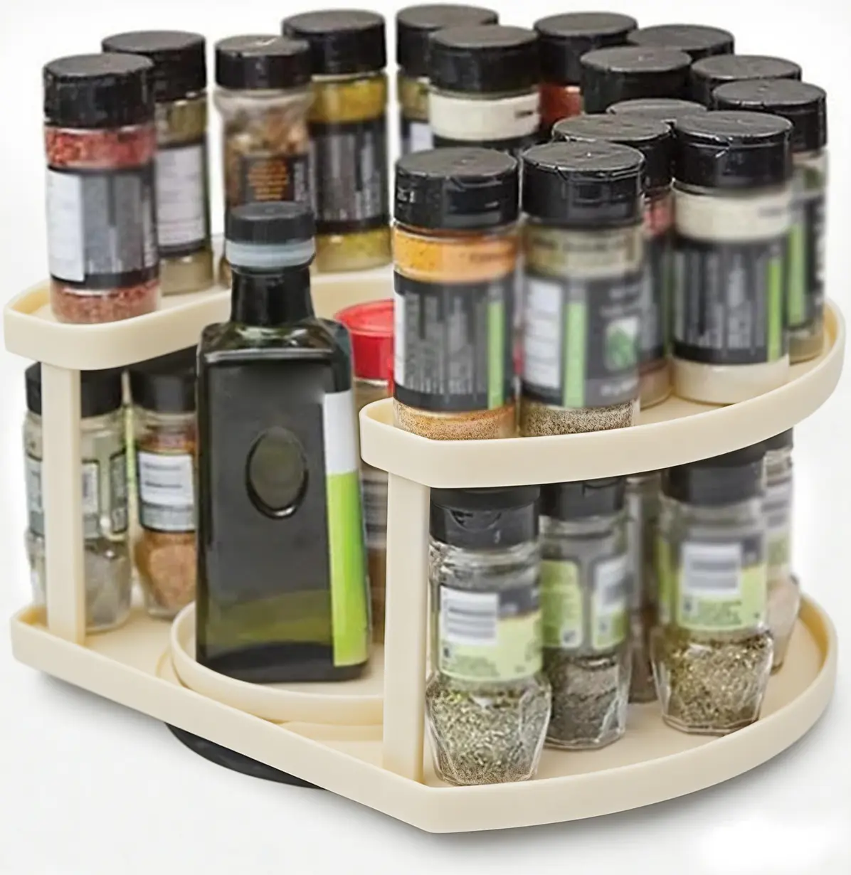 Two-Tiered Spice Organizer & Holder That Saves Space, Keeps Everything Neat, Organized & Within Reach With Dual Spin Turntables